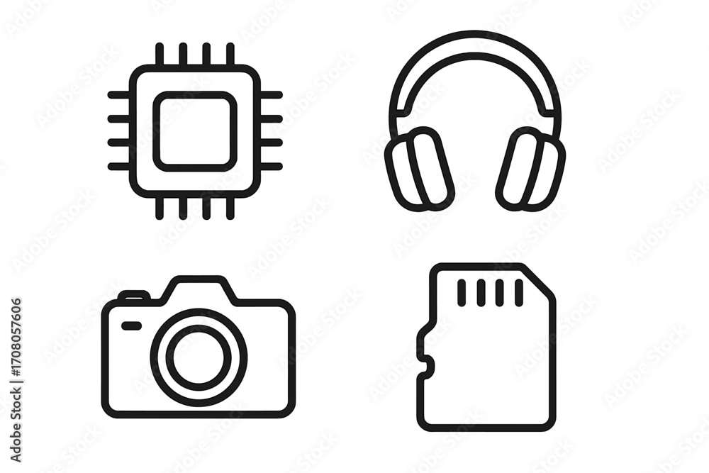 Poster technology icon set with processor chip, headphones, camera, memory card. outline vector icons for w