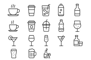 Drinks and beverages line icon set. Vector collection of coffee, soda, alcohol, beer, wine, and cocktail symbols. Outline pictogram for bar menu, cafe, restaurant design.
