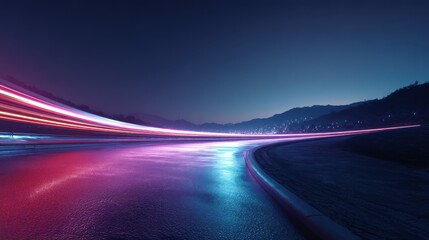Obraz premium Long Exposure Light Trails on a Winding Road at Dusk with Colorful Lights