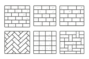 Hand-drawn brick patterns set. Vector line art collection of different masonry and paving textures. Architecture construction design elements. Brickwork, herringbone, wall background.