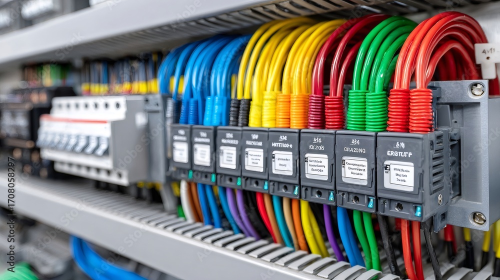 Aufkleber electrical panel showing colorful wires, circuit breakers, and terminal blocks