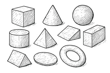 Hand drawn 3d geometric shapes set in sketch style. Vector doodle illustration of basic geometry figures. Cube, cone, sphere, cylinder, pyramid, torus for math and education.