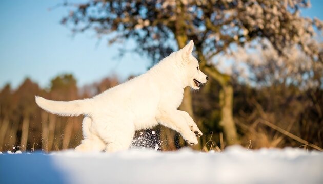 White puppy running in snow (1) - Powered by Adobe