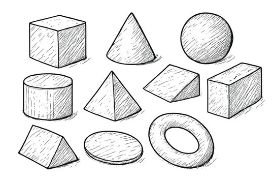 Hand drawn 3d geometric shapes set in sketch style. Vector doodle illustration of basic geometry figures. Cube, cone, sphere, cylinder, pyramid, torus for math and education.