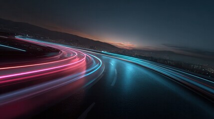 Long Exposure Light Trails on Curvy Road at Night Cityscape and Technology