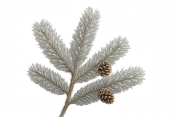 Snowy pine branch featuring frosted cones, resting against transparent backdrop with detailed winter texture