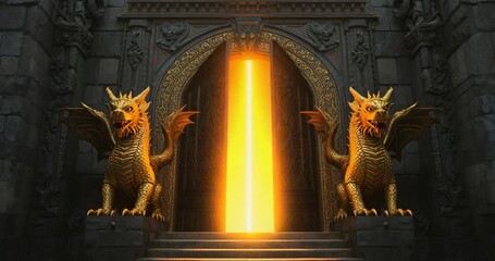 Faint golden glow arising at stone steps, illuminating dragon statues and causing doors opening - Powered by Adobe