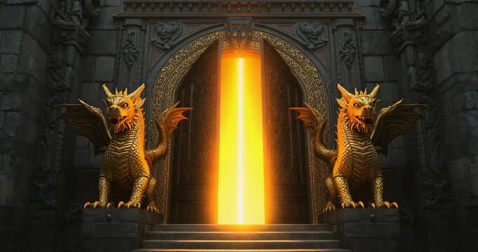 Faint golden glow arising at stone steps, illuminating dragon statues and causing doors opening