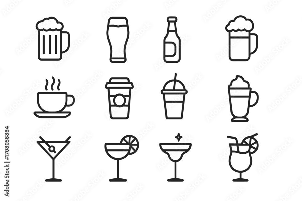 Aufkleber drink and beverage line icon set. collection of modern outline symbols for web and apps. vector illu