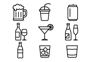 Drink and beverage line icon set. Alcohol, soft drinks, beer, wine, cocktail, and soda icons for bar menu, web design, apps. Vector outline pictogram collection.