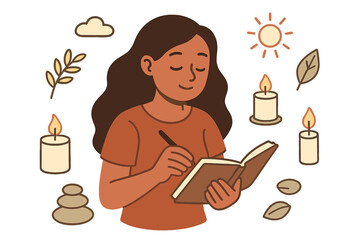 Mindful journaling concept for self care, mental health, and wellness. Calm woman writing in a diary surrounded by candles, zen stones, and nature symbols for relaxation.