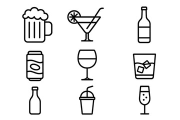 Drinks line icon set. Alcohol and soft drinks collection. Beer, cocktail, wine, soda, juice and whiskey outline symbols. Vector graphic for bar menu, app, web, party design.