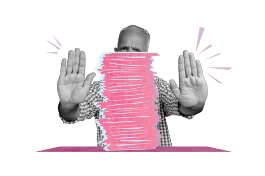 Creative collage image retired man grandfather palms hands stop gesture refuse deny paper documents stack pile drawing background