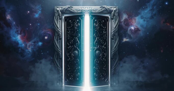 Intensifying glow at door initiating door opening in cosmic nebulae, mist rising revealing portal