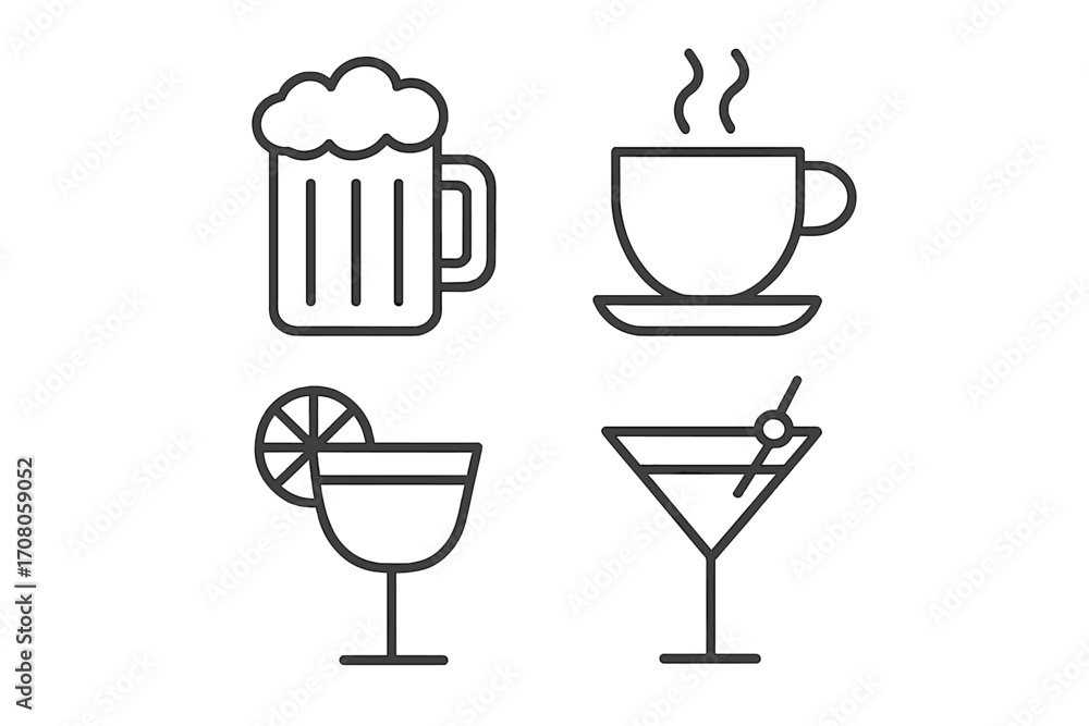 Poster beverage line icon set with editable stroke. vector pack of drink symbols for bar and cafe. includes