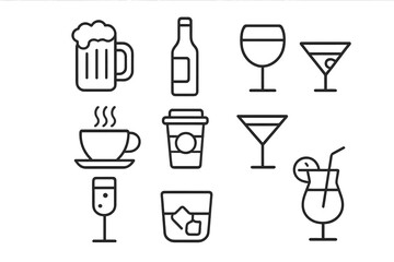 Beverage and drinks line icon set. Editable stroke vector symbols for bar menu, cafe, web, apps. Includes beer, wine, coffee, cocktail, whiskey, and champagne glass icons.