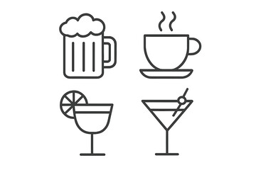 Beverage line icon set with editable stroke. Vector pack of drink symbols for bar and cafe. Includes beer, coffee, cocktail, and martini. For web, app, and menu design.