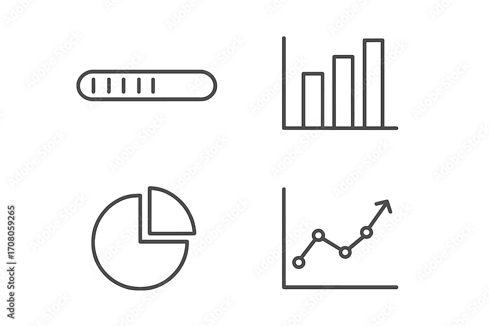 Poster minimalistic vector icons set of progress bar, bar chart, pie chart, and line graph, editable stroke