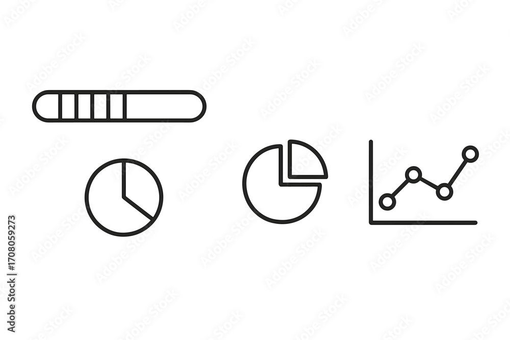 Poster progress bar and diagram icons set, editable stroke line statistics symbols, minimalistic linear pic