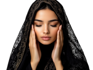 Portrait of a woman with closed eyes wearing a black lace hijab against a dark background in studio shot