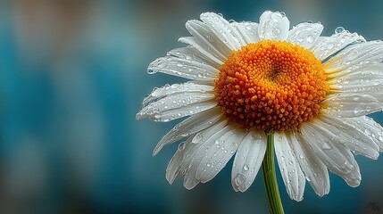 Morning Dew White Daisy on Curved Stem Blue Bokeh for Essential Oil Poster Spa Brochure Health Blog Header