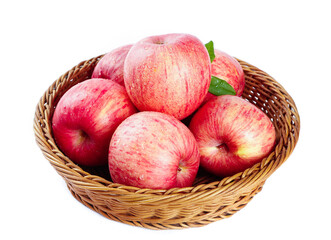 Fresh Red Fuji Apples from Yantai China in Wicker Basket on White Background