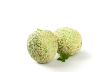 Hainan Honeydew Cantaloupe Melons with Reticulated Pattern on White Background
