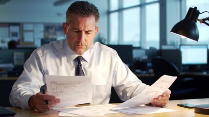 Mature businessman intently reviewing detailed document in modern workspace environment - Powered by Adobe