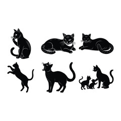  vector silhouette Black cat silhouettes with paw prints collection isolated on white background Purring Cats Vector Silhouette