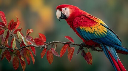 Magnificent scarlet macaw perches on a branch in a lush rainforest, its vibrant red wings spread wide. It is a beautiful wildlife capture.