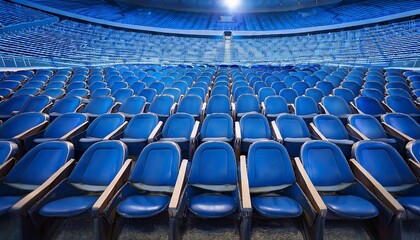 Naklejka premium rows of empty blue stadium seats in vip area arena seating for football match or soccer game spectators await event in comfortable exclusive luxury venue