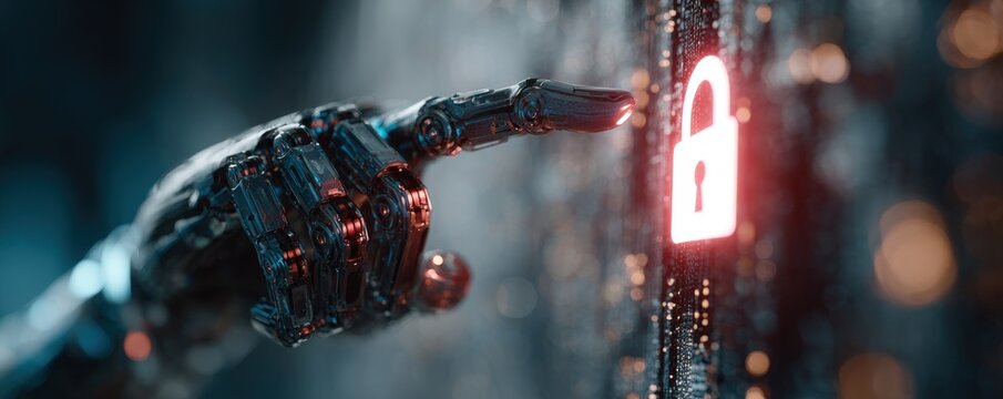 Robotic Hand Touching Digital Padlock Icon on Circuit Board with Bokeh Lights
