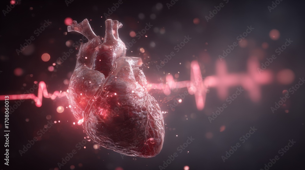 Aufkleber a stylized heart with a glowing, pulsating effect, surrounded by soft particles and a heartbeat line