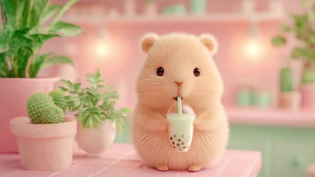Fluffy cartoon hamster drinking bubble tea in pastel kitchen