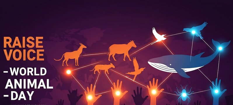 World animal day banner with raised hands and animal silhouettes, promoting awareness and protection