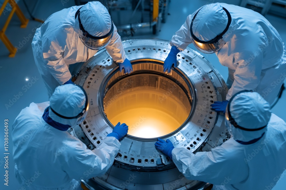 Poster engineers in clean suits examining a fusion reactor component