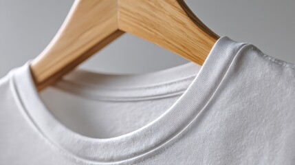 White TShirt Collar Detail on Wooden Hanger.
