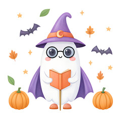 Cute cartoon ghost wearing a witch hat and glasses reading a book surrounded by pumpkins bats and autumn leaves isolated on transparent background