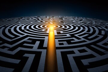 Golden path leading to the center of a circular maze symbolizing problem solving