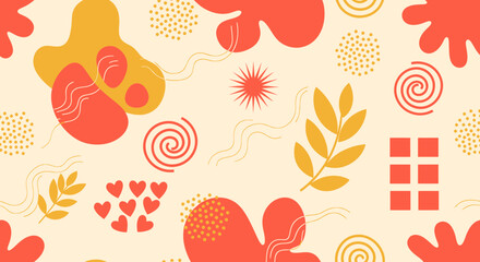 Abstract organic shapes and patterns in warm coral and yellow tones on a cream background, featuring playful hearts, leaves, swirls, and dots, creating a whimsical and modern design