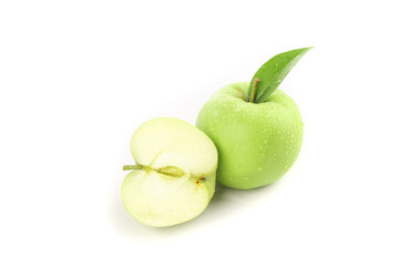 Fresh Green Apple with Slice and Leaf Isolated on White Background - Healthy Organic Fruit