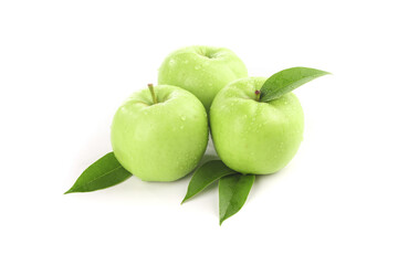 Fresh Green Apples with Leaves Isolated on White Background