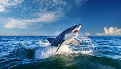 Fototapeta premium powerful great white shark breaching ocean surface under bright blue sky and cloudy atmosphere