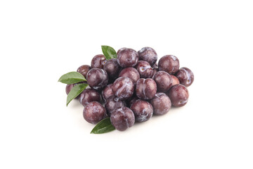 Fresh Red Plums with Leaves on White Background - Organic Stone Fruit