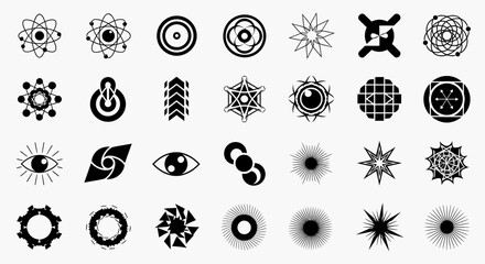 A collection of abstract geometric symbols and icons, including atomic structures, eyes, gears, and starbursts, isolated on a