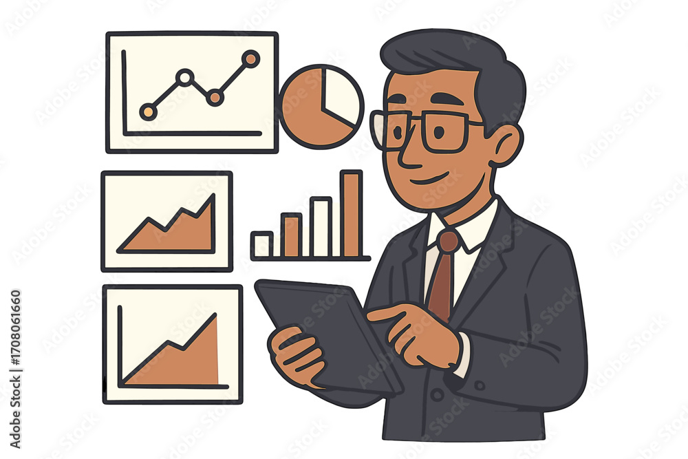Poster business analyst examining data on graphs and charts. man with tablet studying financial report. con