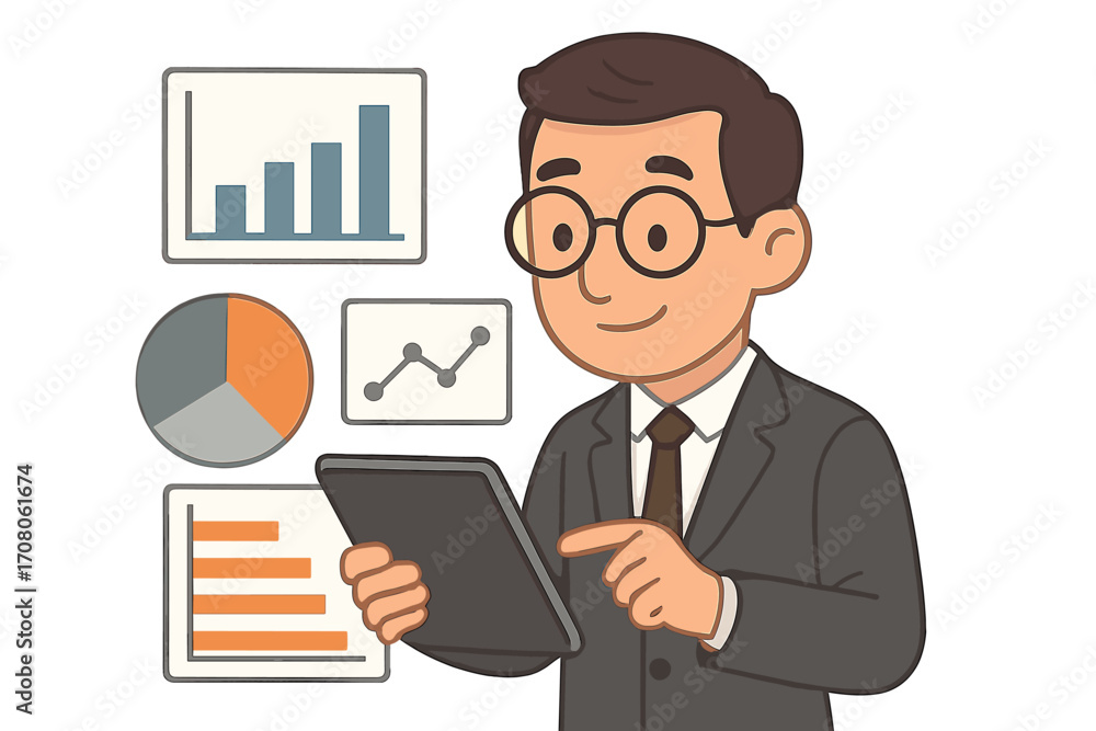 Poster business analyst with tablet analyzing financial data. man looking at graphs and charts for marketin