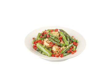 Sautéed Shrimp with Asparagus and Red Peppers in White Bowl - Healthy Seafood Dish