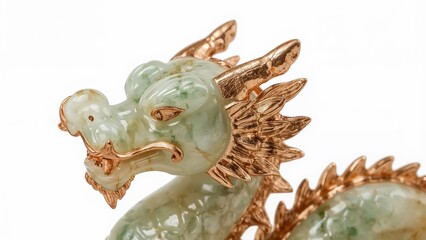 Obraz premium Jade dragon sculpture with golden details on white background, traditional chinese mythical creature ornament