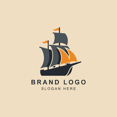 Vintage ship logo design, featuring dark gray hull and orange sails, for a brand identity.